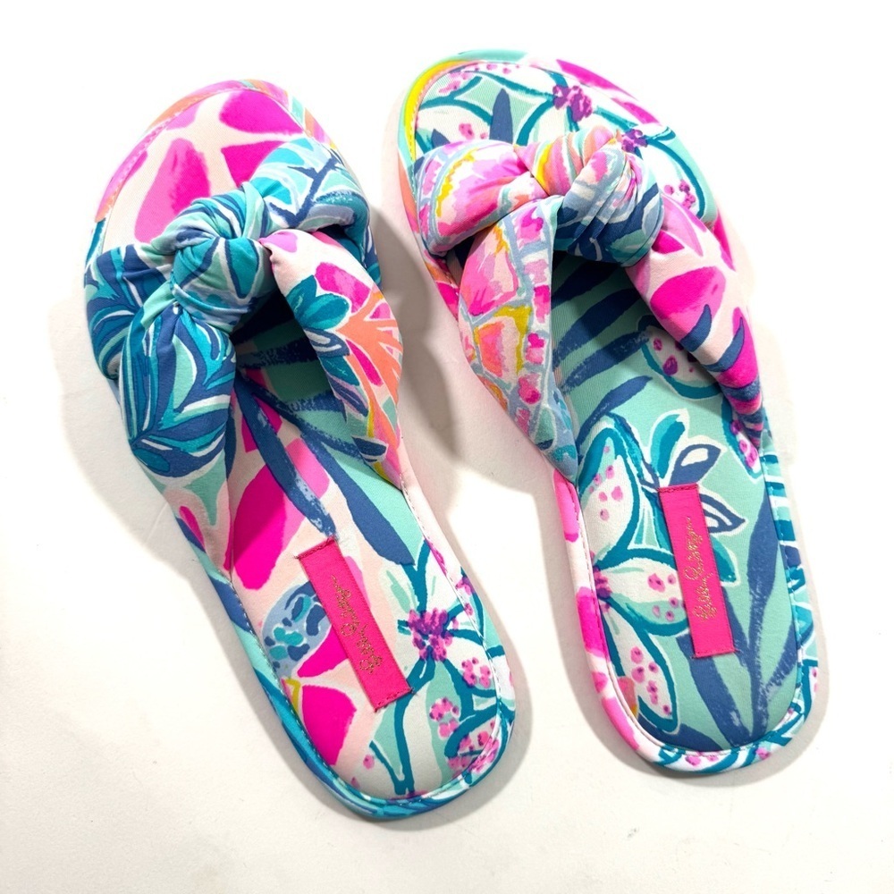 Lilly Pulitzer Pool Slippers Pink Sea Glass Aqua Rainforest Retreat